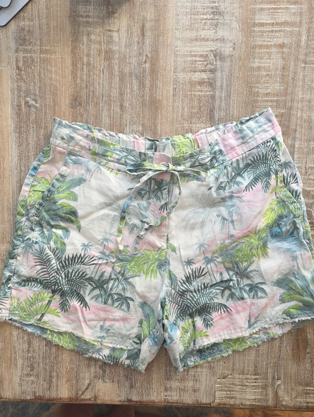 Tommy Bahama Pastel Palm Print High Waist Drawstring Shorts - Pink, Green, Blue